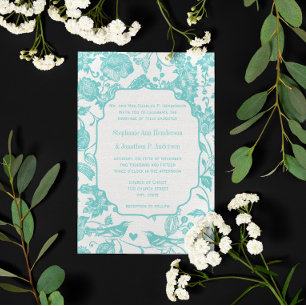 Vintage Mint Floral Pattern Love Bird Wedding Invitation