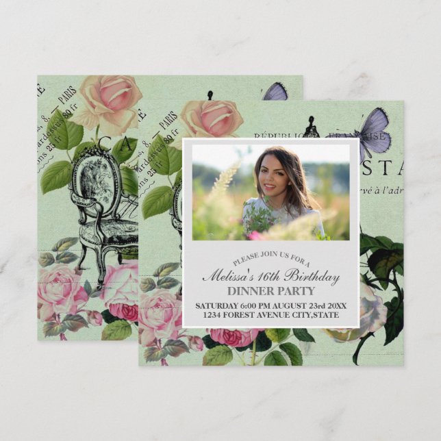 Vintage Mint French Pink Rose Paris Party Invitation (Front/Back)