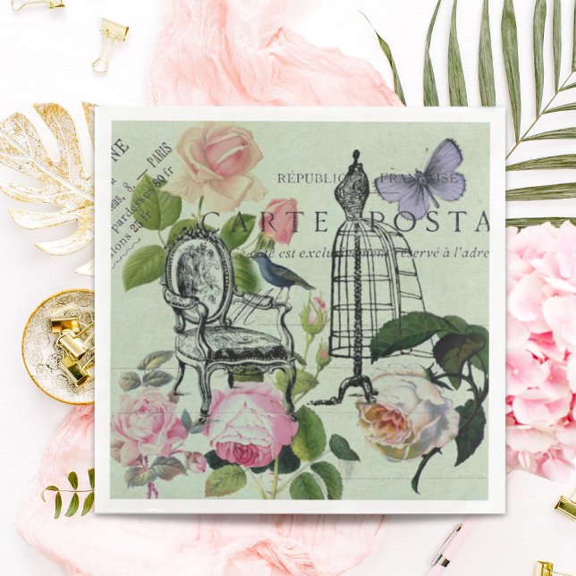 Vintage Mint French Pink Rose Paris Party Napkin (Vintage Mint French Pink Rose Paris Party Paper Dinner Napkins)