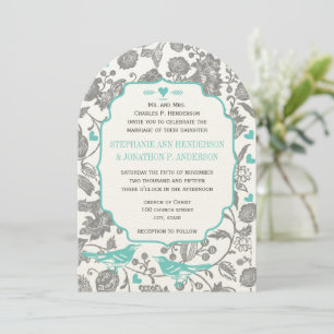 Vintage Mint Gray Floral Pattern Lovebird Wedding Invitation