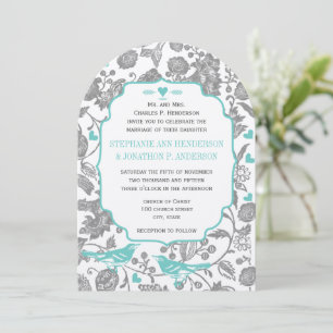 Vintage Mint Gray Floral Pattern Lovebird Wedding Invitation