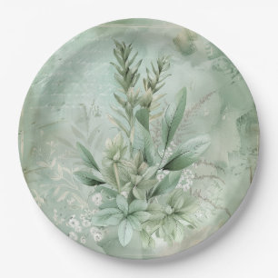 Vintage Mint Green Botanical Floral (1) Paper Plate