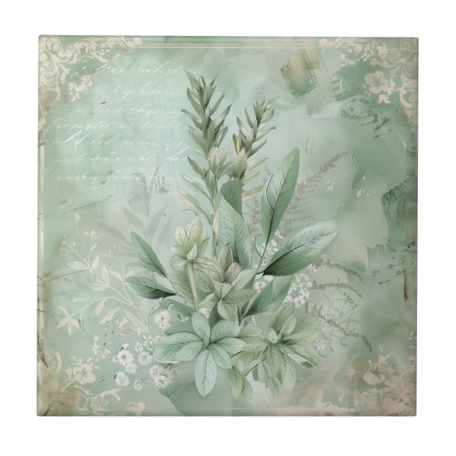 Vintage Mint Green Botanical Floral (1) Tile (Front)