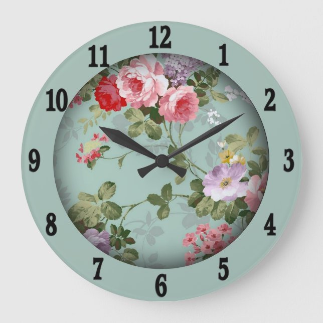 Vintage Mint Green Floral Design  Large Clock (Front)