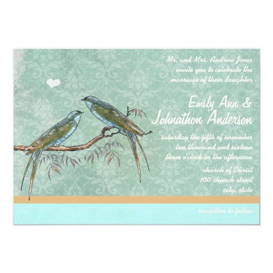 Vintage Mint Green Love Bird Damask Wedding Invite