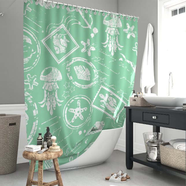 Vintage Mint Green Nautical Sea Stamp Shower Curtain (Creator Uploaded)