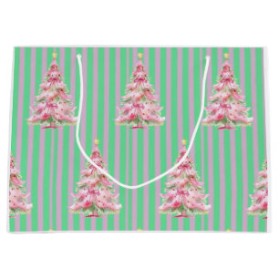 Vintage Mint Green Pink Stripe Christmas Tree Large Gift Bag