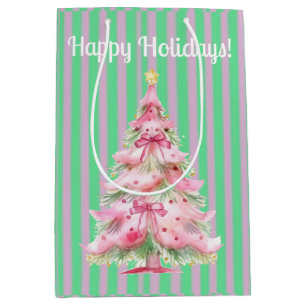 Vintage Mint Green Pink Stripe Christmas Tree Medium Gift Bag