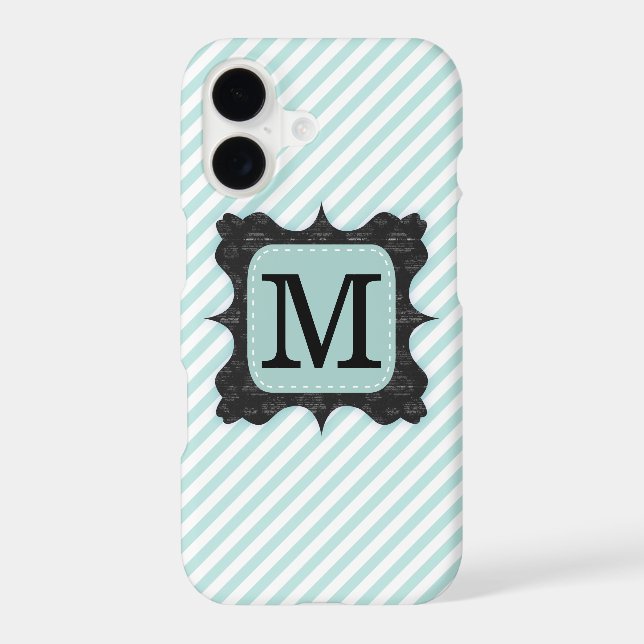 Vintage Mint Green Stripes Pattern Black Monogram (Back)