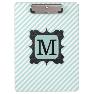 Vintage Mint Green Stripes Pattern Black Monogram Clipboard