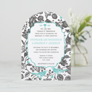 Vintage Mint Grey Floral Pattern Love Bird Wedding Invitation