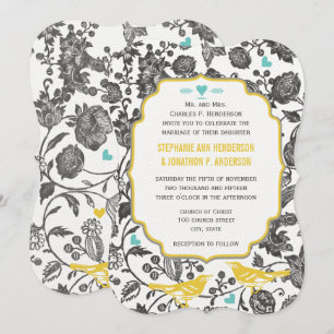 Vintage Mint Grey Yellow Floral Love Bird Wedding Invitation