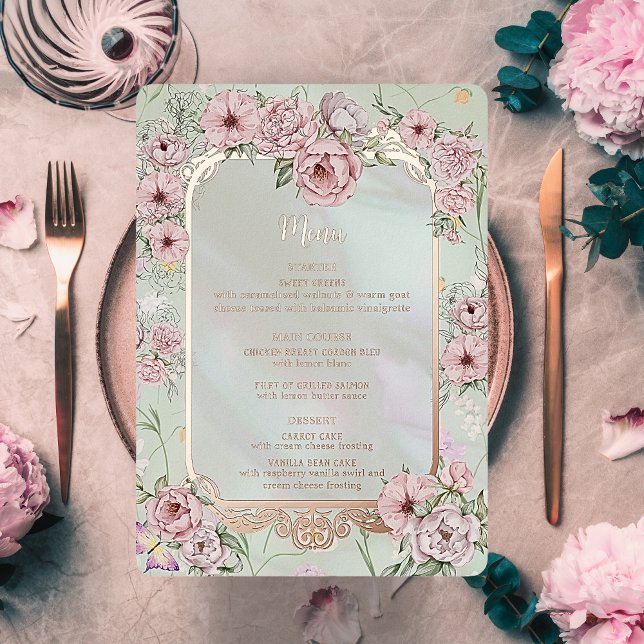 Vintage Mint Peony Wedding Foil Menu Card (Creator Uploaded)