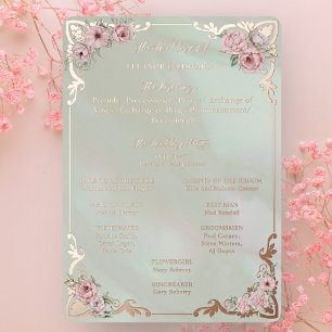 Vintage Mint Peony Wedding Foil Program Card