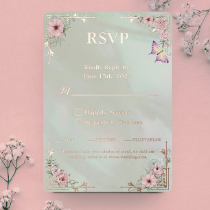 Vintage Mint Peony Wedding Foil RSVP Response Card