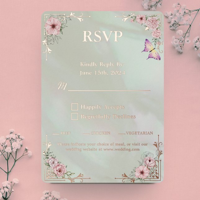 Vintage Mint Peony Wedding Foil RSVP Response Card (Creator Uploaded)