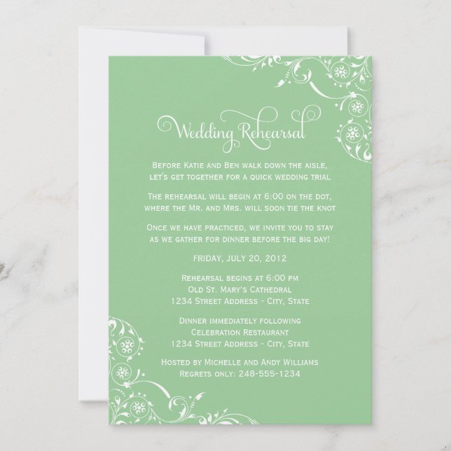 Vintage Mint Scrolls Wedding Rehearsal and Dinner Invitation (Front)