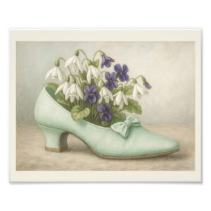 Vintage Mint Shoe with Violets Snowdrops Floral Photo Print