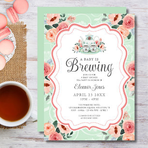Vintage Mint Watercolor Tea Party Baby Shower Invitation