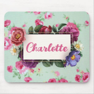 Vintage Minty Pink Rose Name Mouse Mat