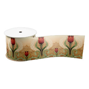 Vintage Mission Style Red Tulip Frieze Satin Ribbon