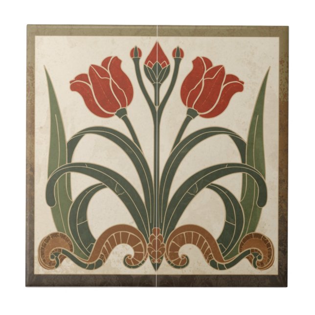 Vintage Mission Style Red Tulip Frieze Tile (Front)