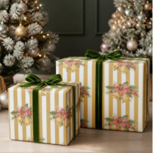 Vintage Mistletoe Bells gold striped wrapping Paper