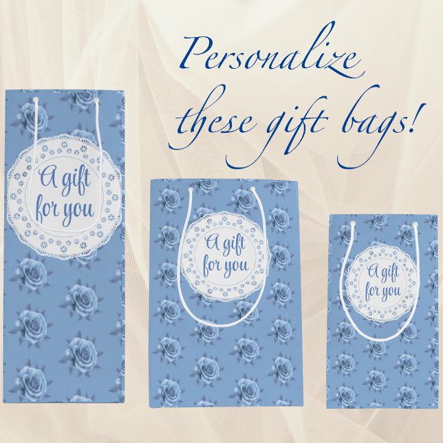 Vintage Misty Blue Roses Personalized Medium Gift Bag (Personalize for a special occasion!)