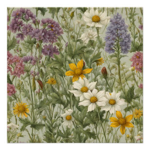 Vintage Mixed Colour Blooming Wildflowers Poster