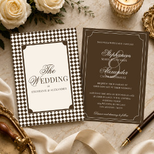 Vintage Mocha Brown Chequered Old Money Wedding Invitation