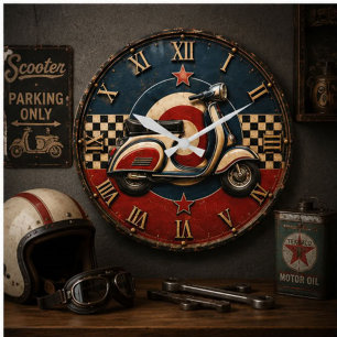 Vintage Mod Scooter Retro British Garage Decor Large Clock