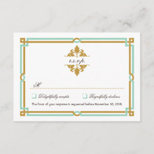 Vintage Modern Art Deco Mint & Gold Wedding RSVP Card