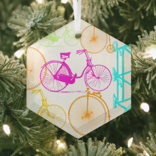 Vintage Modern Bicycle Bright Colour Neon Pattern Glass Tree Decoration
