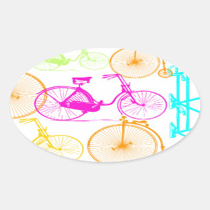 Vintage Modern Bicycle Bright Colour Neon Pattern Oval Sticker