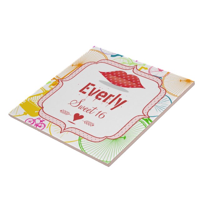 Vintage Modern Bicycle SWEET SIXTEEN DOT LIPS Tile (Side)