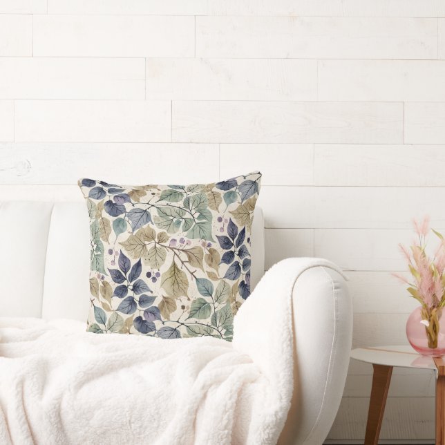 Vintage Modern Blue, Taupe, and Sage Leaf Cushion (Couch)