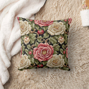 Vintage Modern Cabbage Roses on Black Cushion