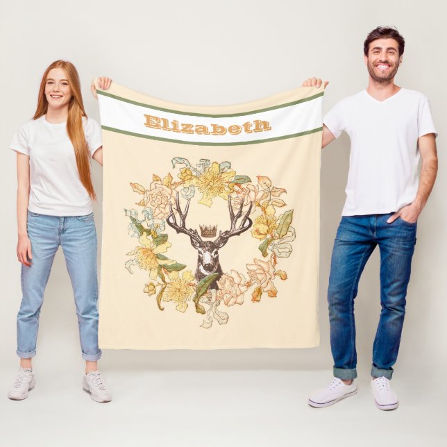 Vintage Modern Deer Rustic Flower Wreath Fleece Blanket (In Situ)