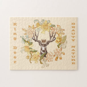 Vintage Modern Deer Rustic Flower Wreath Jigsaw Puzzle