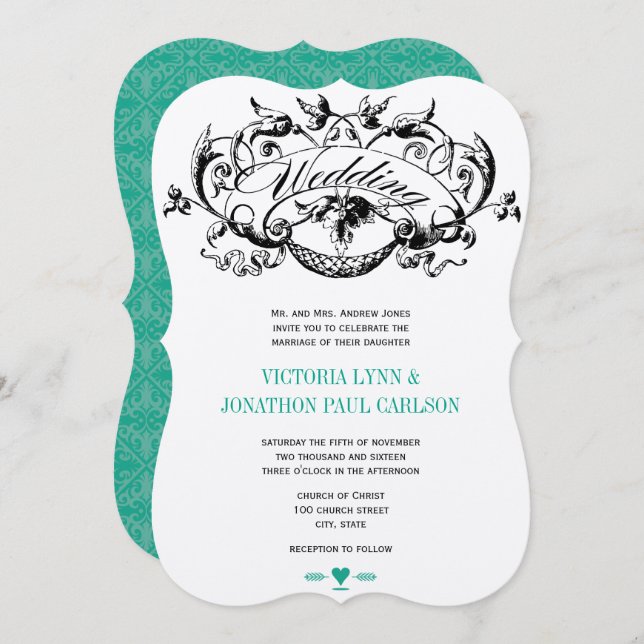 Vintage Modern Emerald Wedding Invitations (Front/Back)
