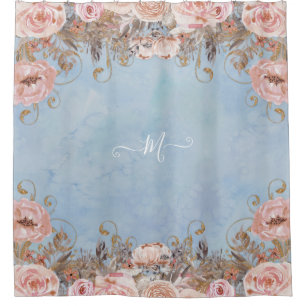 Vintage Modern Floral Blue Pink Watercolor Shower Curtain