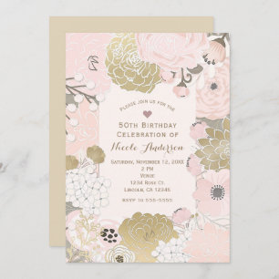 Vintage Modern Floral Botanical Pink Gold Birthday Invitation
