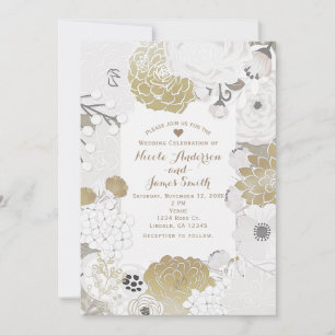 Vintage Modern Floral Botanical White Gold Wedding Invitation