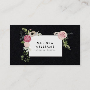 Vintage Modern Floral Motif on Black Paper Business Card