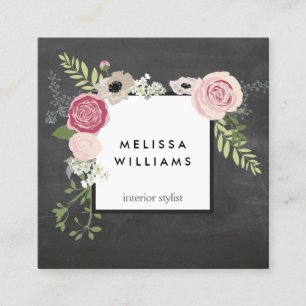Vintage Modern Floral Motif on Chalkboard Square Business Card