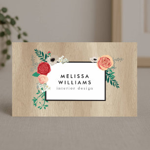 Vintage Modern Floral Motif on Tan Woodgrain Business Card