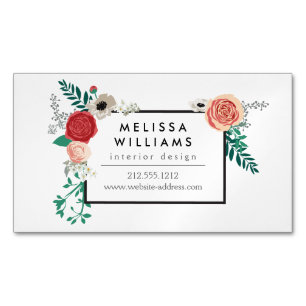 Vintage Modern Floral Motif on White Magnetic Magnetic Business Card