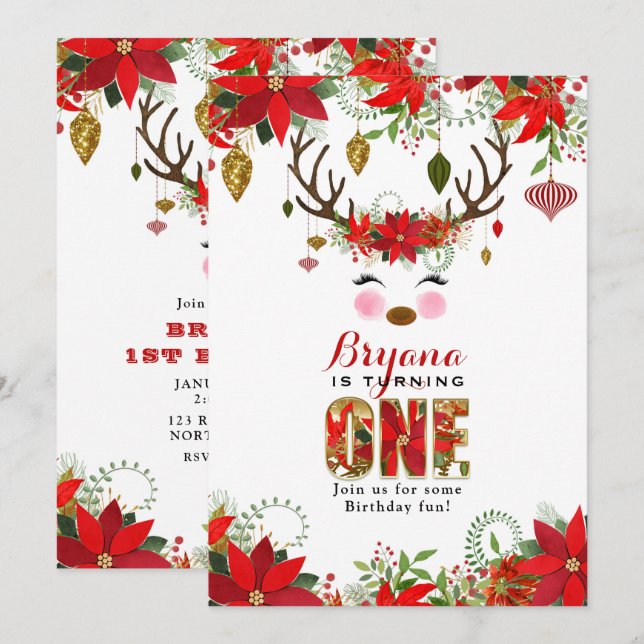 Vintage Modern Floral Reindeer 1ST BIRTHDAY Invitation (Front/Back)