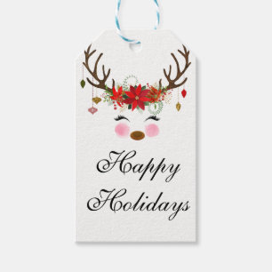 Vintage Modern Floral Reindeer Holiday Party Favou Gift Tags