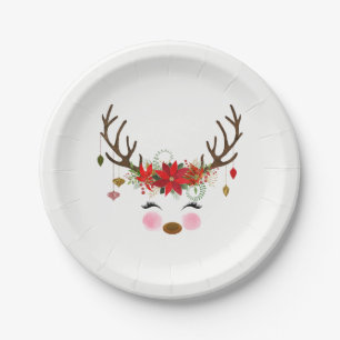 Vintage Modern Floral Reindeer Holiday Party Paper Plate